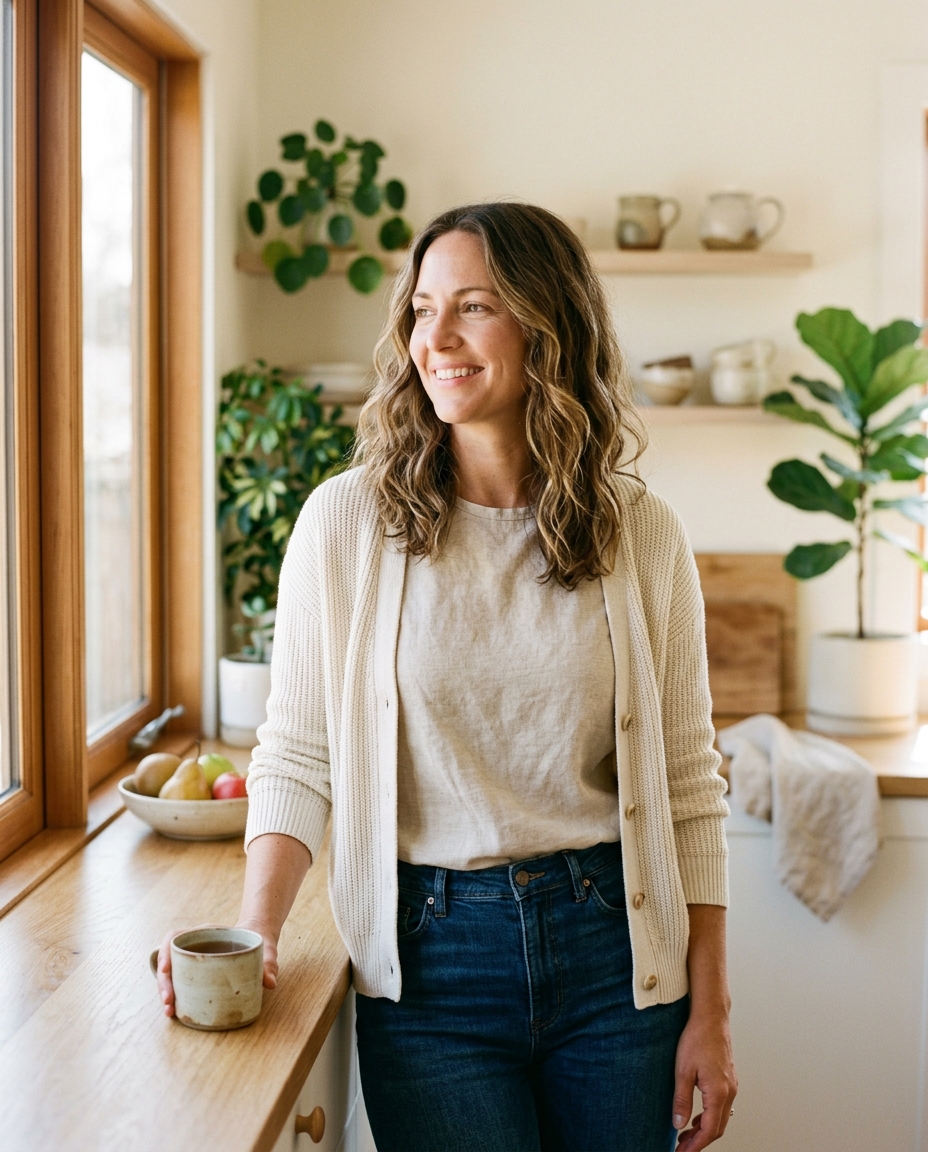 Woman in kitchen feeling confident and healthy